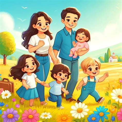 Ilustración de una familia y un joven Au Pair interactuando