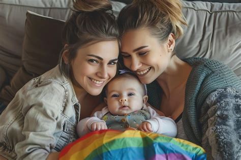 Foto de una pareja feliz (posiblemente del mismo sexo o internacional) con un bebé, simbolizando la diversidad de familias