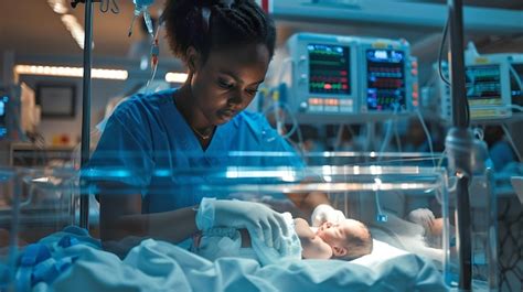 Foto de una enfermera neonatal atendiendo a un recién nacido en una incubadora