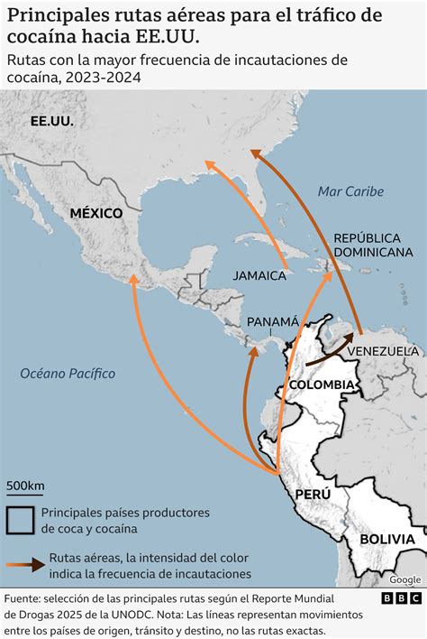 Mapa de las rutas de narcotráfico utilizadas por el Cartel del Norte del Valle