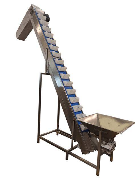 Esquema de un transportador elevador de cangilones con tolva de alimentación