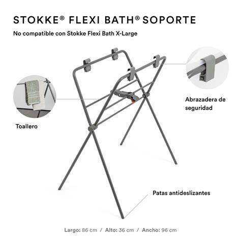 Esquema o foto del Soporte Stokke Flexi Bath con la bañera acoplada, mostrando sus características de seguridad y plegado.