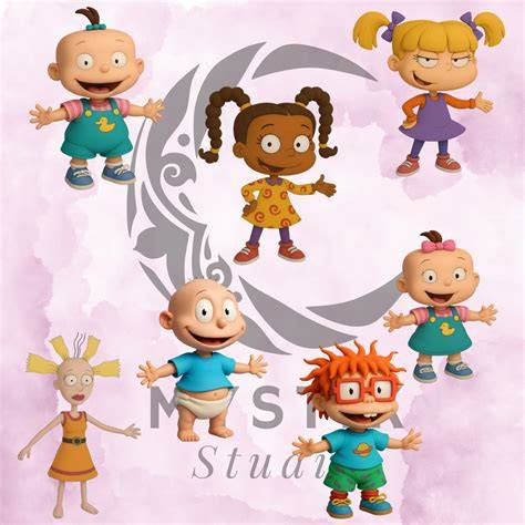 Ilustración de los personajes principales: Tommy, Chuckie, Phil, Lil y Angelica en su entorno habitual.