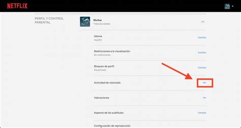Captura de pantalla del proceso de acceso al historial de visualización en Netflix.