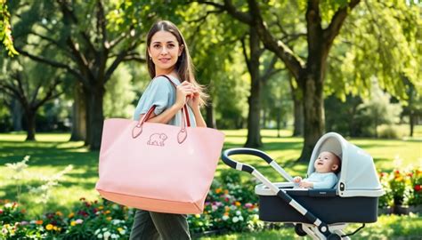 Infografía detallando las dimensiones del bolso de maternidad Baby TOUS y los porcentajes de composición de sus materiales.