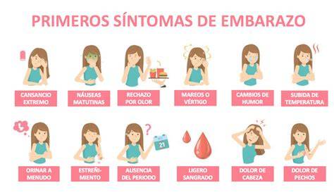 Infografía sobre los síntomas tempranos del embarazo: náuseas, cansancio, cambios en el pecho y sensibilidad al olfato.