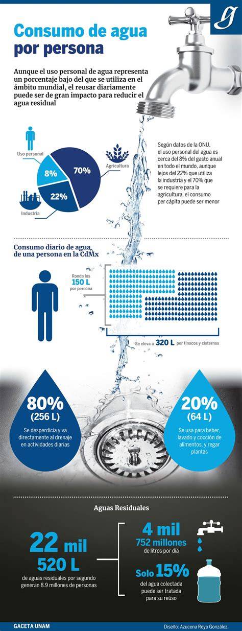 Infografía comparativa del consumo de agua: consumo diario, mensual y trimestral para hogares de 1, 2 y 4 personas.