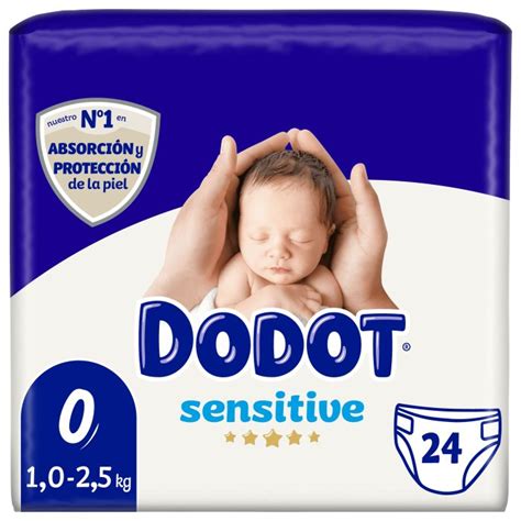 Infografía detallando las características de los pañales Dodot Sensitive Talla 0: indicador de humedad, corte umbilical, tubos ultra absorbentes, suavidad y absorción.