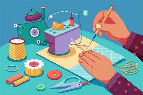 Ilustración de una persona cosiendo la tela de una capota de cochecito