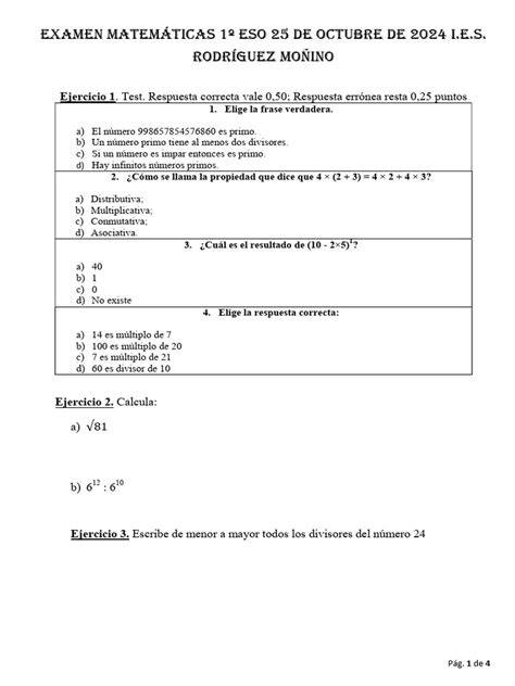 captura de pantalla de un examen de matemáticas de 1º ESO