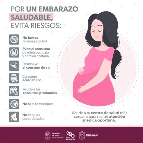Infografía con consejos clave para un embarazo saludable y la prevención de complicaciones, incluyendo el control prenatal y la detección temprana de signos de alarma.