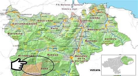 Mapa de la Comarca del Asón, destacando el nacimiento del río y rutas de senderismo