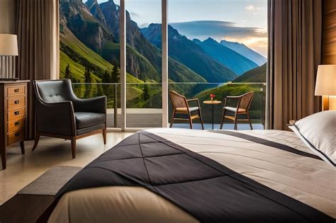 Interior de una acogedora habitación de hotel rural con vistas a la montaña