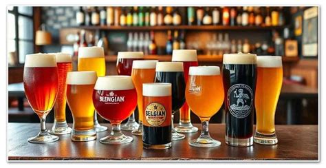 Muestra de botellas y vasos de cervezas artesanales variadas de cervecerías francesas y belgas