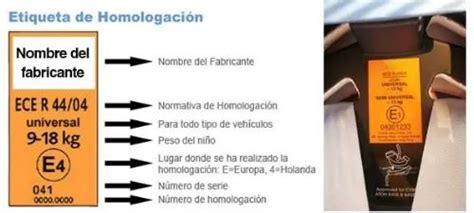 Etiqueta de homologación de una silla de coche infantil, mostrando los diferentes datos que la componen.