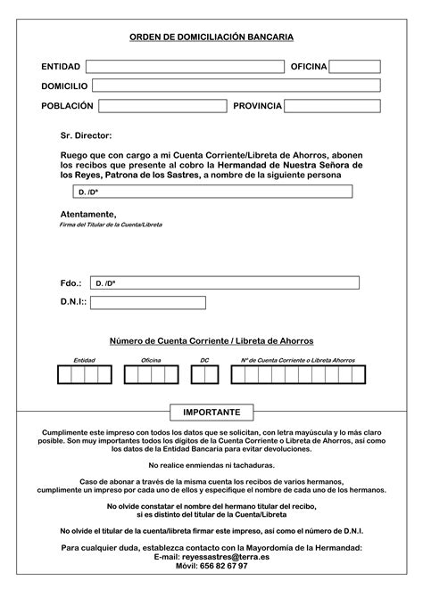 Ejemplo de formulario de orden de domiciliación bancaria