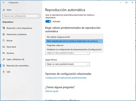 Interfaz de configuración de Reproducción automática en Windows 10