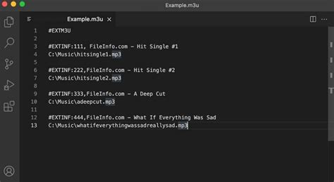 Archivo .m3u abierto en un editor de texto mostrando rutas y etiquetas #EXTINF