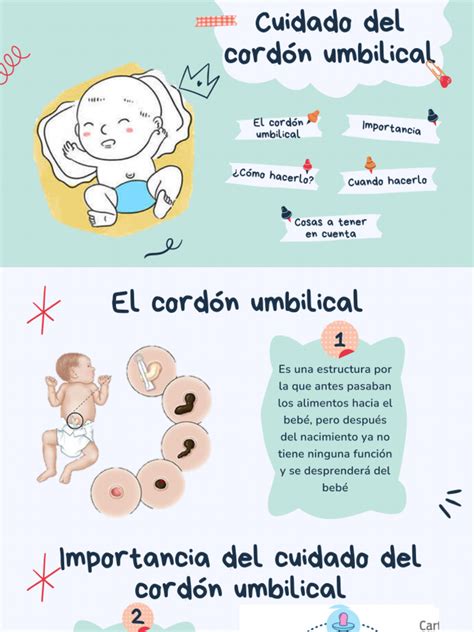 Infografía detallando los pasos para el cuidado del cordón umbilical del recién nacido.