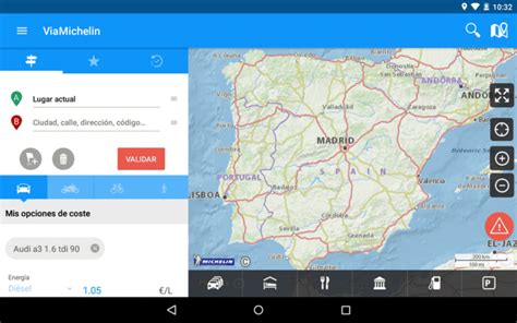 Interfaz de ViaMichelin mostrando opciones de ruta