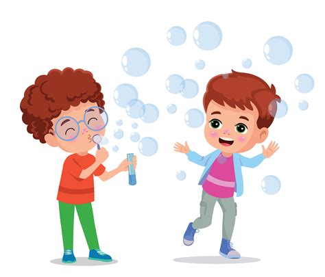 Ilustración infantil que muestra a niños jugando con burbujas de jabón en un entorno escolar colorido y ameno