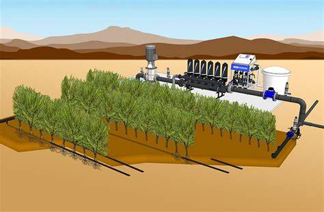 Esquema de un sistema de fertirrigación mostrando el tanque de fertilizantes conectado al sistema de riego principal