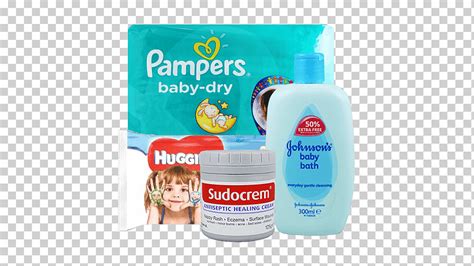 Ilustración de un bebé sonriente junto a productos de cuidado infantil