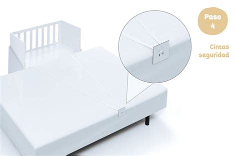 Esquema de cómo fijar una cuna colecho a una cama con canapé usando cintas de seguridad.
