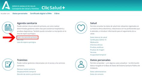 Interfaz de la aplicación ClicSalud+ mostrando opciones de cita previa
