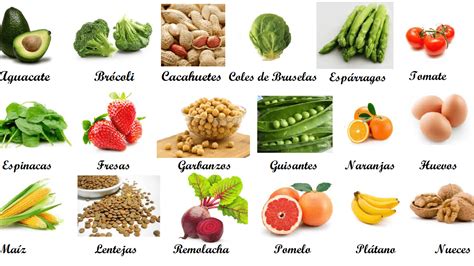 Infografía sobre los alimentos ricos en folato: verduras de hoja verde, legumbres, frutas cítricas, cereales fortificados.