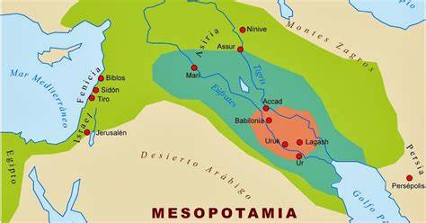 Mapa de la antigua Mesopotamia mostrando el valle entre los ríos Tigris y Éufrates