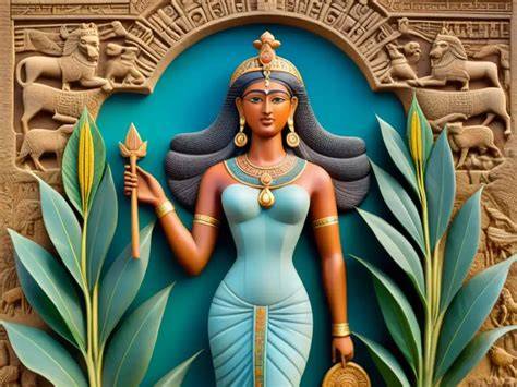 Ilustración de la diosa Ishtar flanqueada por símbolos de fertilidad y naturaleza