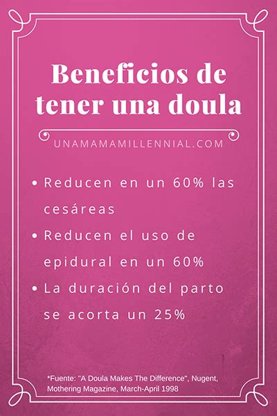 Infografía mostrando los beneficios estadísticos de tener una doula en el parto.
