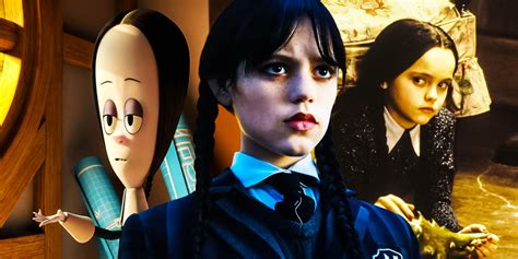 Ilustración de Wednesday Addams con su nombre original y sus traducciones