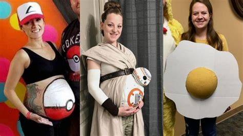 Foto de una mujer embarazada disfrazada para Halloween, destacando la barriga