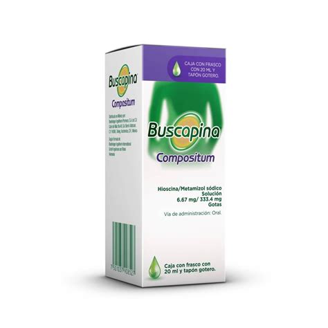 Frasco de Buscapina Gotas con gotero y caja, resaltando el principio activo Butilescopolamina