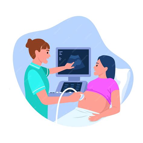 Ilustración de una mujer embarazada utilizando un doppler fetal en su abdomen, con ondas sonoras representadas.