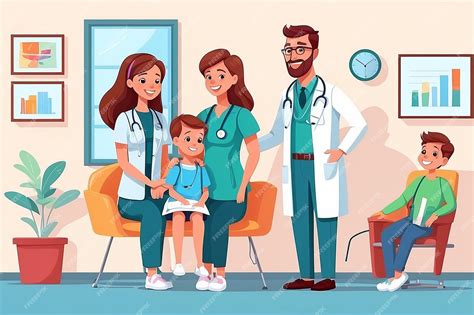 Ilustración de un equipo médico multidisciplinar atendiendo a una familia