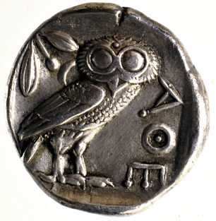 Lechuza en la moneda de 1€ griega.