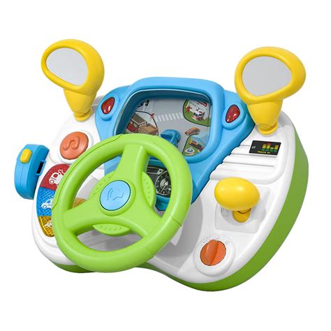 Volante de juguete interactivo acoplado a la barra de una silla de paseo, con un bebé jugando.