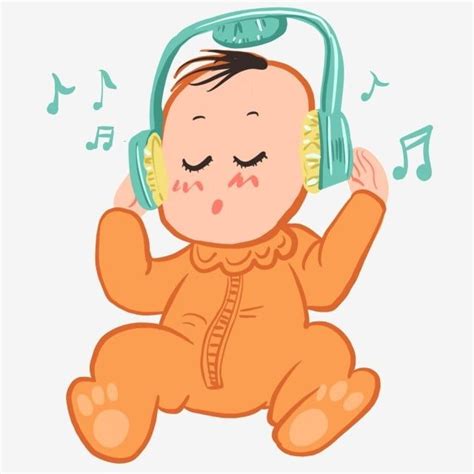 Ilustración de un bebé escuchando música desde unos auriculares gigantes, con notas musicales flotando a su alrededor