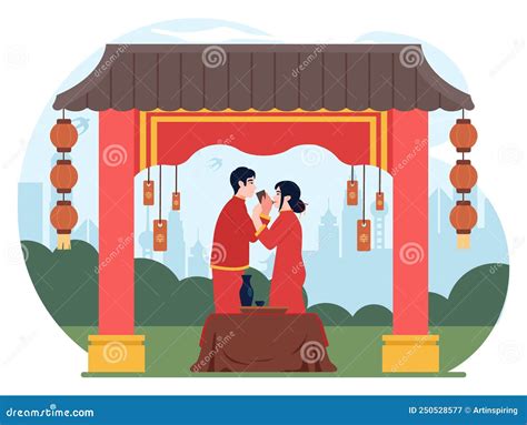 Ilustración de una ceremonia de boda tradicional china con elementos simbólicos