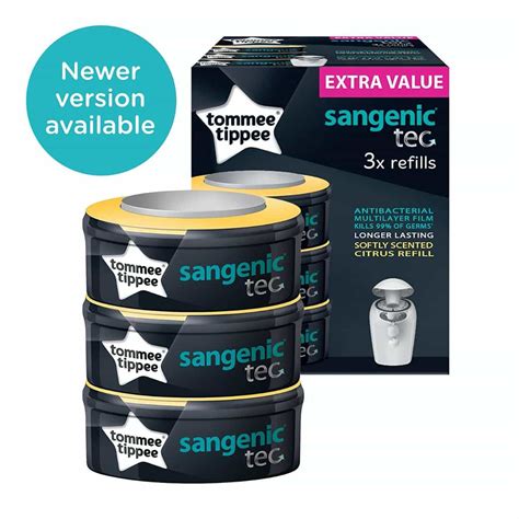 Fotografía del paquete de 3 recambios Tommee Tippee Sangenic en su embalaje original para una fácil identificación en tienda.