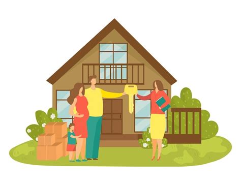 Ilustración de una familia monoparental recibiendo las llaves de una vivienda subvencionada.