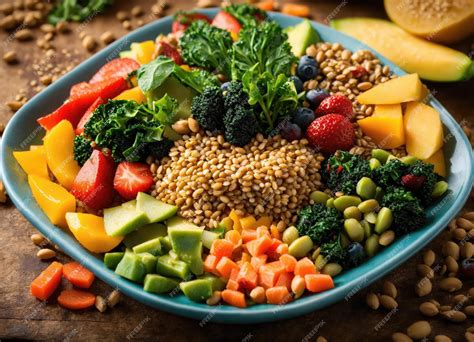 plato con porciones variadas de frutas, verduras, granos y proteínas