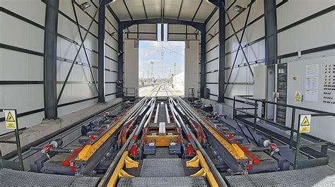 Esquema de funcionamiento de un cambiador de ancho de vía tipo Talgo en foso