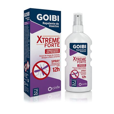 Fotografía del envase de Goibi Xtreme Forte, destacando la concentración de DEET y la indicación de uso pediátrico y para embarazadas.
