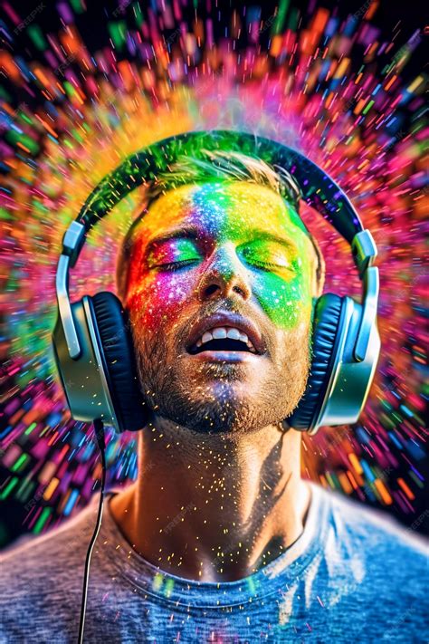 Persona escuchando música con auriculares, con un fondo abstracto de ondas de sonido