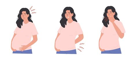 Ilustración mostrando a una mujer embarazada experimentando síntomas comunes como náuseas y fatiga, con iconos que representan cambios hormonales.