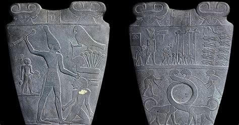 La Paleta de Narmer, mostrando al rey unificando el Alto y el Bajo Egipto.